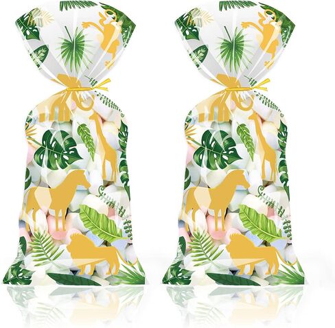 UEMIS 60Pack Jungle Animal Cellophane Treat Bags, Green Gold Safari Animal Palm Leaves Plastic Candy Goodie Bags with Gold Twist Ties for Wedding Wild One Safari Baby Shower Birthday Party Favors (Jungle Animals) in Saudi Arabia