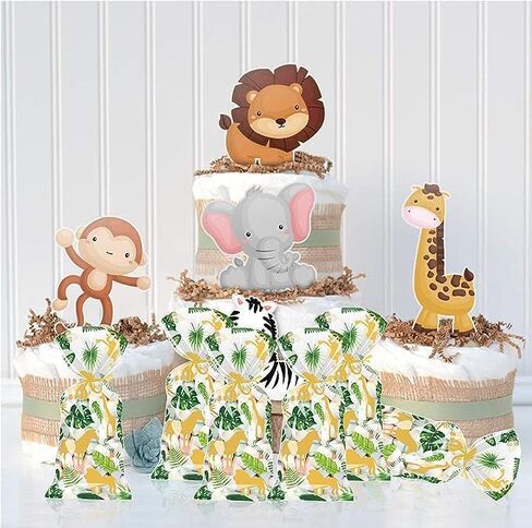 UEMIS 60Pack Jungle Animal Cellophane Treat Bags, Green Gold Safari Animal Palm Leaves Plastic Candy Goodie Bags with Gold Twist Ties for Wedding Wild One Safari Baby Shower Birthday Party Favors (Jungle Animals) in Saudi Arabia
