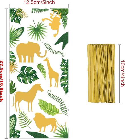 UEMIS 60Pack Jungle Animal Cellophane Treat Bags, Green Gold Safari Animal Palm Leaves Plastic Candy Goodie Bags with Gold Twist Ties for Wedding Wild One Safari Baby Shower Birthday Party Favors (Jungle Animals) in Saudi Arabia