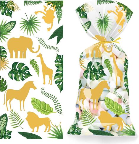 UEMIS 60Pack Jungle Animal Cellophane Treat Bags, Green Gold Safari Animal Palm Leaves Plastic Candy Goodie Bags with Gold Twist Ties for Wedding Wild One Safari Baby Shower Birthday Party Favors (Jungle Animals) in Saudi Arabia