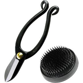 Wazakura Made in Japan Ikebana Tool Kit - Ikenobo Scissors + Black Kenzan Flower Holder, Japanese Floral Arrangement Set, Florist Shears and Pin Frog Gift Box Set - Black 2.4" (61mm)