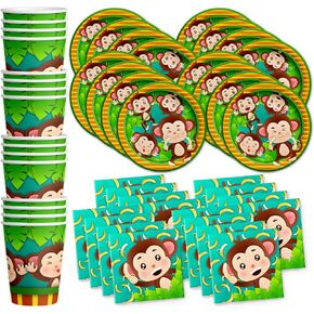 Monkey Birthday Party Supplies - Jungle Animal Party Supplies - Zoo Animal Party Supplies | Tableware Set Includes Plates, Napkins and Cups | Kit for 16