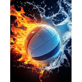 Colorful Water and Fire Volleyball Diamond Art Painting Kits for Adult, Ball Sports 5D Diamond Art for Adults, Round Drill Painting by Diamonds Art and Crafts for Home Wall Decor Gift 12x16 inch