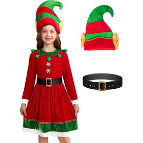 BesserBay Girls 3 Pcs Christmas Elf Costume Ugly Dress Cosplay with Belt Hat Belt 3-12 Years