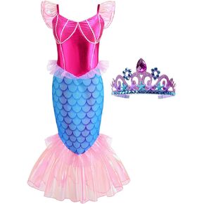 Little Mermaid Costume for Girls Dress Up with Crown, Princess Costume for Halloween Cosplay