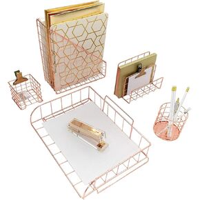 Blu Monaco Rose Gold Desk Organizer - 5 Piece Desk Accessories Set - Letter - Mail Organizer, Paper-Document Tray, Pen Cup, Magazine File Holder - Rectangle Pattern - Office Supplies Stationery Décor