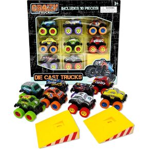 Crazy Truck 10 Piece Pull Back City Cars and Trucks Toy Vehicles Set - Friction Powered, Colorful Metal Cars for Kids