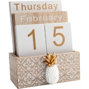 Vintage Wood Block Perpetual Calendar with Brown Pineapple shows Month Week Date for Home Office Desk Rustic Decoration Wooden Blocks Display Accessories Gifts, White