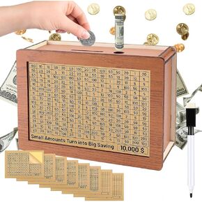 2024 New Cash Vault Wooden Savings Box, Savings Box with Money Target & Numbers, Wooden Money Saving Box, 10000 Dollar Cash Saver Box, Counter Piggy Bank, Savings Challenge Box (5000) in Saudi Arabia