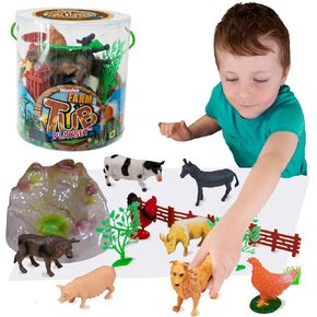Tub Playset - Farm from Deluxebase. Farm Animal Toys Figurine Set for Kids with Reusable Tub. 12 Piece Imagination Toys Playset with Toy Storage Including Pig, Donkey, Goat, Dog, Cow and Accessories.
