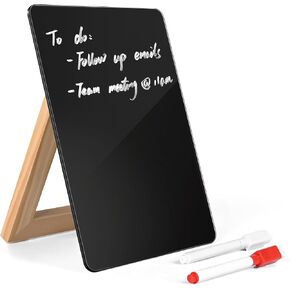 ARCOBIS Desktop Glass Whiteboard with Reversible Solid Wood Stand, 9.5" x 6.8" Small Glass Wet Erase Board with 2 Markers, Desk White Board Easel, Glass Notepad for Office, Home, Black