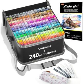 Shuttle Art 240 Colors Alcohol Markers, 239 Colors Dual Tip Art Marker Set Plus Colorless Blender, Micro-tip Pens, White Highlighter Pens, Marker Bag with Holders Perfect for Students Adults Coloring