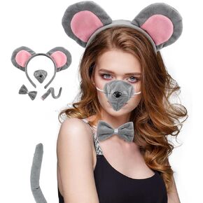 4 Pieces Cute Mouse Costume Set for Hallowee, Mouse Ear Headband, Bow Tie, Tail, and Nose Bunny Accessories for Kids Cosplay Dress-up Suit for Birthday Party Performance