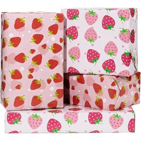 Strawberry Wrapping Paper 12 Sheets Pink Gift Wrapping Paper Cute Fruit Sweet Strawberry Pattern Happy Birthday Gift Wrap Art Craft Paper for Baby Shower - 20"×28"