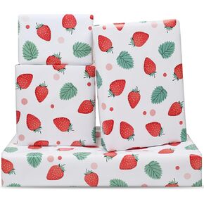 Strawberry Wrapping Paper,Green Leaves and Red Strawberries Fruit Wrapping Paper，Pretty Cute Sweet Gift Wrap Paper 6 Sheets Folded Flat 20x28 inches per Sheet for Birthday, Baby Shower, Wedding, Spring Summer Party