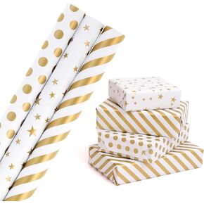 ZJHiome Christmas Wrapping Paper, Gold Foil Mini Rolls Sets, 3 Roll 43cmx3M Gift Wrapping Paper Dots Stripes Stars for Birthday Wedding Baby Shower Christmas Holiday Party Supplies