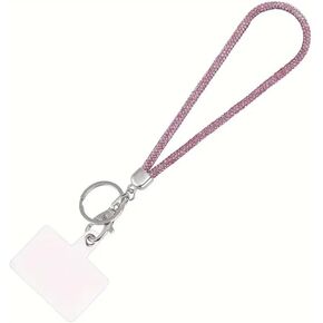Fashion Sparkle Glass Crystal Wristlet Lanyard,Exclusive Bling Keychain Holder,Rhinestone Cellphone Holder,Bonus Cellphone Safety Tab(1PC,Pink)