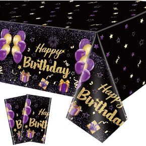 2 Pack Black and Purple Happy Birthday Tablecloths, 51x87'' Plastic Disposable Rectangle Purple Gold Birthday Party Table Covers for Women Girls Birthday Party Decorations Supplies