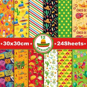 24 Sheets Mexican Fiesta Pattern Paper 12'' x 12'' Mexican Fiesta Scrapbook Paper Pad Cinco De Mayo Folk Art Double-Sided Scrapbook Specialty Paper Scrapbook Paper for Card Making, Journaling