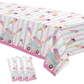 Ice Cream Party Decorations Tablecloth - Disposable Ice Cream Truck Shop Birthday Party Supplies Table Cover, Here's The Scoop Summer Sweet Happy Birthday Table Cloth, 3 Pack (54in x 108in)