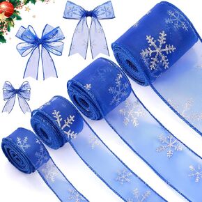 Waydress 4 لفات 24 ياردة عيد الميلاد الأزرق السلكية الشريط 1.0،1.5،2.0،2.5 بوصة ندفة الثلج بريق السلكية الشريط الأورجانزا شير حافة معدنية الشريط الزخرفية التفاف شرائط الحرفية لشجرة عيد الميلاد المنزل in Kuwait