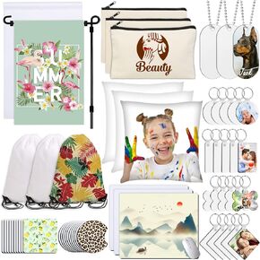 77PCS Sublimation Blanks Products, MAPVOLU Christmas Ornaments Crafts Sublimation Starter Kit with Instruction Manual, Blank Makeup Bags, Backpack, Dog Tags, Coasters Keychains Mouse Pads Garden Flags