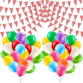 Carnival Decoration Set Include 200 Pcs Colorful Balloons, 1 Pcs 98.5 Feet Red and White Striped Pennant Banner, Suitable for Carnival Circus Decoration Supplies, Birthday Parties