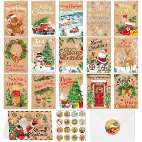 HOWAF 16pcs Kraft Merry Christmas Cards with Envelopes Stickers, Xmas Holiday Gift Cards Christmas Greeting Cards for Employee Friends Families, Boxed Christmas Cards Assortment Christmas Note Cards