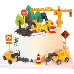 15 Pcs Construction Vehicles Cake Toppers Dump Truck Excavator Tractor Cake Decoration with 5 Road Toy Sign 3 Tree Cake Toppers Digger Car Birthday Cake Decorations for Boy Kids