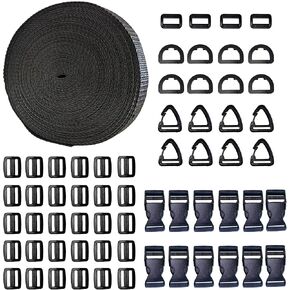 Buckles and Straps Set (3/4-Inch): 20 Yards of Polypropylene Fiber Webbing,12 Side Release Buckles, 30 Tri-Glide Slide Clips, 8 D Rings,8 Triangle Buckle,4 Plastic Buckle,DIY raw package,Black,