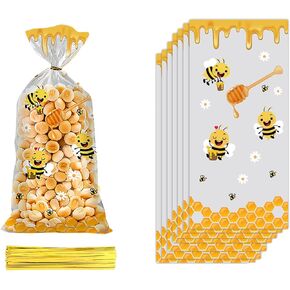 CSTYWC 50PCS Bee Cellophane Treat Bags Yellow Honey Bee Plastic Candy Goodie Bags Party Favor Bags with Twist Ties for Birthday Baby Shower Party Gift Wrapping Supplies