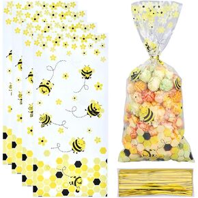 GORGECRAFT 100Pcs Bee Bags Yellow Honeycomb Flower Plastic Candy Treat Bags with Twist Ties Clear Cello Goodie Bags for Birthday Weddings Christmas Party Favors Supplies 10.83x4.92