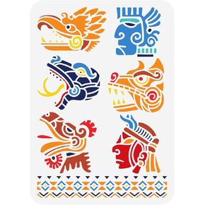 FINGERINSPIRE Mayan Aztec Symbols Stencil 8.3x11.7" Plastic Tribal Theme Painting Stencils Wall Mayan Face Spraying Stencils Reusable Human Faces Snakes Tigers Dragons and Birds Drawing Stencils