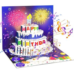 Musical Birthday Card, Pop up 3D LIGHTS & SOUND Firework Happy Birthday Decorations Greeting Cards for Women With Envelopes Purple