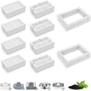 Cat Fountain Replacement Filters, 8 Pack Cat Fountain Carbon Filters and 2 Pack Foam Filters for ceramic cat fountain and stainless steel pet water fountain