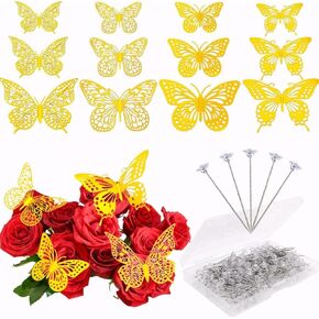 248 PCS Bouquet Corsages Pins Set for Flowers, Includes 200 PCS Diamond Bouquet Pins and 48 PCS 4 Styles Gold Butterfly Sticker Decorations for Mother's Day Valentines Day Wedding Party
