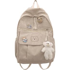 YUESUO Large Kawaii Corduroy Backpack with Cute Bear Pendant Vintage Bag for Girl Student School Bag Bookbag Satchel Laptop (Beige,Medium)