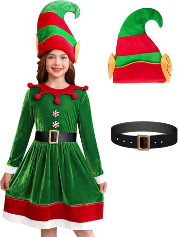 BesserBay الفتيات 3 قطع عيد الميلاد قزم زي فستان قبيح تأثيري مع حزام قبعة حزام 3-12 سنة in Kuwait