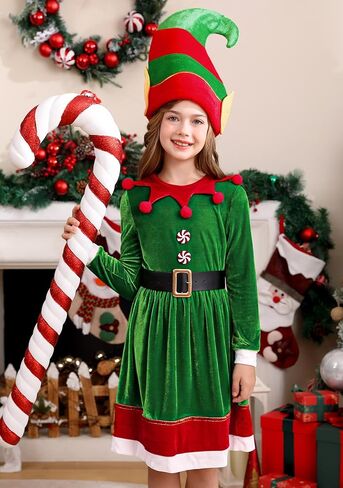 BesserBay الفتيات 3 قطع عيد الميلاد قزم زي فستان قبيح تأثيري مع حزام قبعة حزام 3-12 سنة in Kuwait