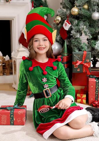 BesserBay الفتيات 3 قطع عيد الميلاد قزم زي فستان قبيح تأثيري مع حزام قبعة حزام 3-12 سنة in Kuwait