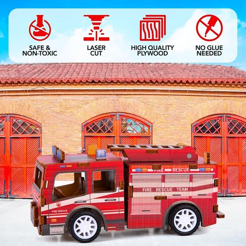ArtCreativity 3D Puzzle Car Toy (Fire Truck) - Wooden Car Building Kit for Kids - STEM Wood Building Kit with Pullback Mechanism - Wooden Puzzle Model Car Kit - STEM Projects for Teens in Saudi Arabia