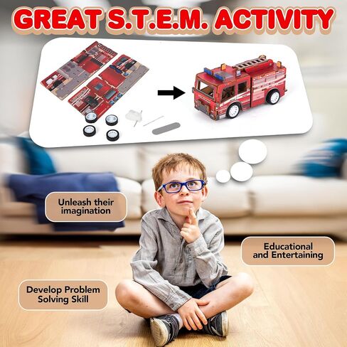 ArtCreativity 3D Puzzle Car Toy (Fire Truck) - Wooden Car Building Kit for Kids - STEM Wood Building Kit with Pullback Mechanism - Wooden Puzzle Model Car Kit - STEM Projects for Teens in Saudi Arabia