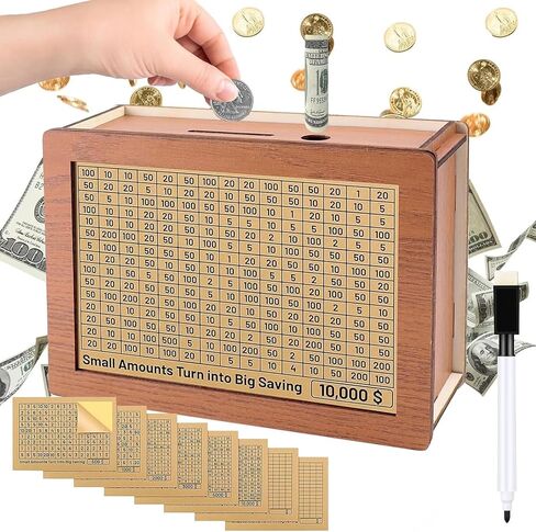 2024 New Cash Vault Wooden Savings Box, Savings Box with Money Target & Numbers, Wooden Money Saving Box, 10000 Dollar Cash Saver Box, Counter Piggy Bank, Savings Challenge Box (5000) in Saudi Arabia