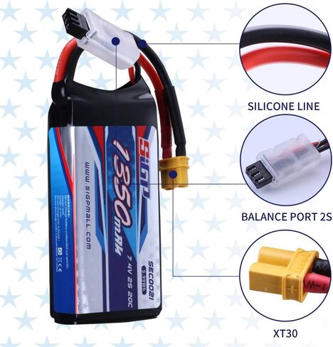 2S Lipo Battery 1350mAh 7.4V 20C Soft Pack with XT30 Plug for RC Airplane Quadcopter Helicopter Drone FPV Racing Hobby 2 Packs in Kuwait