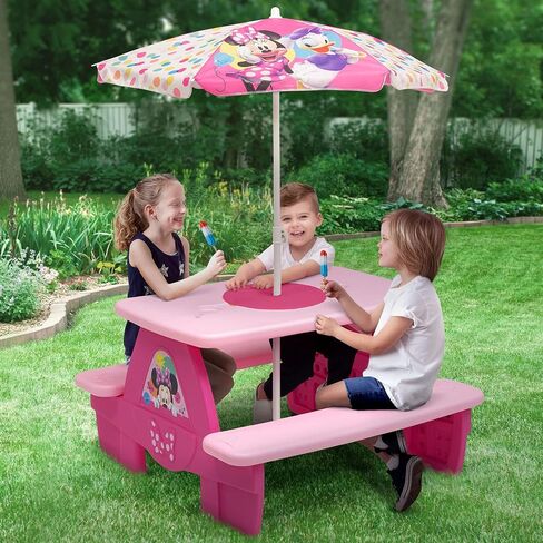 Delta Children 4 Seat Activity Picnic Table with Umbrella and Lego Compatible Tabletop, Minnie Mouse in Saudi Arabia