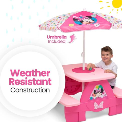 Delta Children 4 Seat Activity Picnic Table with Umbrella and Lego Compatible Tabletop, Minnie Mouse in Saudi Arabia