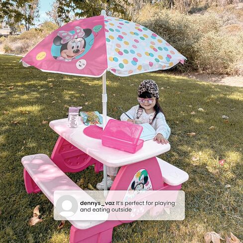 Delta Children 4 Seat Activity Picnic Table with Umbrella and Lego Compatible Tabletop, Minnie Mouse in Saudi Arabia