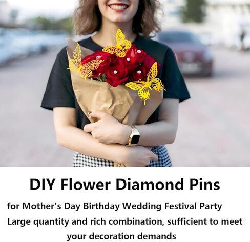 248 PCS Bouquet Corsages Pins Set for Flowers, Includes 200 PCS Diamond Bouquet Pins and 48 PCS 4 Styles Gold Butterfly Sticker Decorations for Mother's Day Valentines Day Wedding Party in Saudi Arabia
