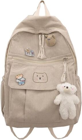 YUESUO Large Kawaii Corduroy Backpack with Cute Bear Pendant Vintage Bag for Girl Student School Bag Bookbag Satchel Laptop (Beige,Medium) in Kuwait