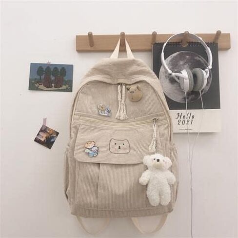YUESUO Large Kawaii Corduroy Backpack with Cute Bear Pendant Vintage Bag for Girl Student School Bag Bookbag Satchel Laptop (Beige,Medium) in Kuwait